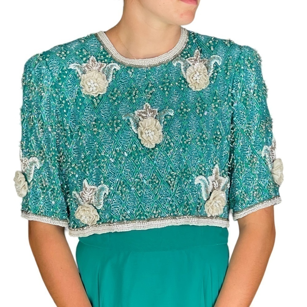 VINTAGE RICHILENE 70S SILK CHIFFON BEAD EMBELLISHED AQUA FORMAL EVENING GOWN - Picture 2 of 16